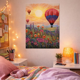 Póster Globo aerostático colorido puesta de sol de flores