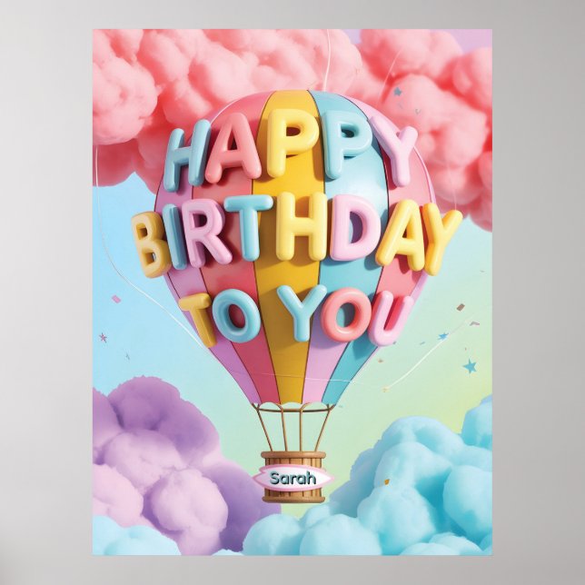 Póster Globo aerostático "Feliz Cumpleaños" caprichoso en (Frente)