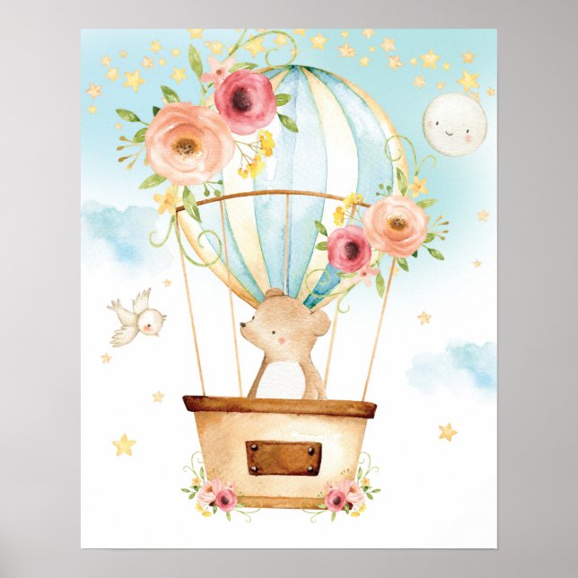 Póster Globo aerostático floral Oso lindo La aventura esp (Frente)