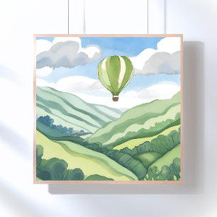 Póster Globo aerostático   Paisaje de acuarela verde