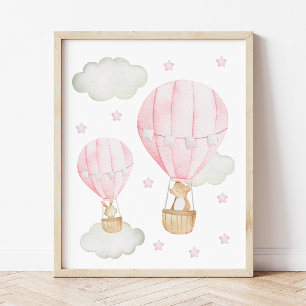 Póster Globo aerostático rosa, animales lindos, guardería