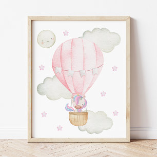 Póster Globo aerostático rosa, Unicornio, Estrellas, Guar