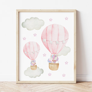 Póster Globo aerostático rosa, Unicornio, Estrellas, Guar