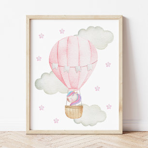 Póster Globo aerostático rosa, Unicornio, Estrellas, Guar
