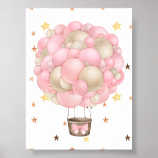 Póster Globo aerostático rosa y dorado impreso en acuarel