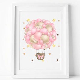 Póster Globo aerostático rosa y dorado impreso en acuarel