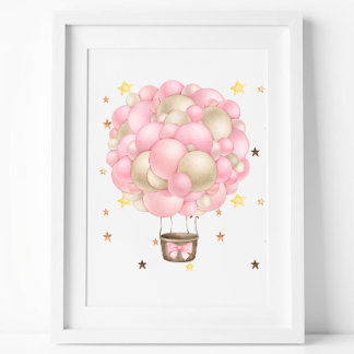 Póster Globo aerostático rosa y dorado impreso en acuarel