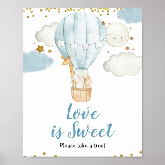 Póster Globo azul de aire caliente acuarela Amor es Rótul (Frente)