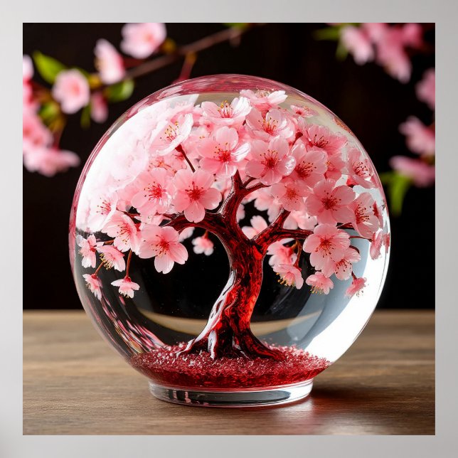 Póster Globo cautivador con árbol de flor de cerezo (Frente)