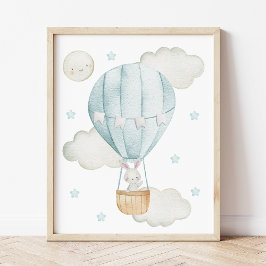 Póster Globo de aire caliente azul, animales, conejito, g