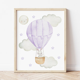 Póster Globo de aire caliente morado, animales, conejito,