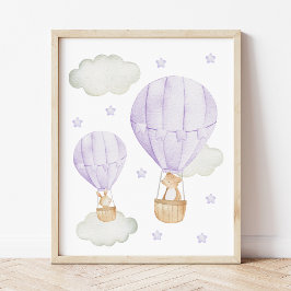 Póster Globo de aire caliente morado, animales, oso, cone