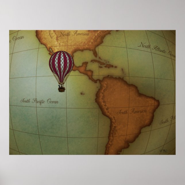 Póster Globo de aire caliente sobre mapa del hemisferio o (Frente)