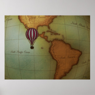 Póster Globo de aire caliente sobre medio de mapa del hem