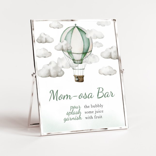 Póster Globo de aire caliente verde Baby Shower Mom Osa B (Gender Neutral Travel Baby Shower Mom Osa Bar Sign)