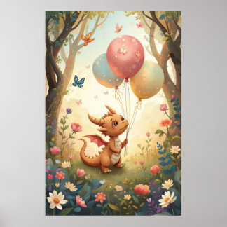Póster Globo de Dragón Bebé Acuarela Melocotón para Guard