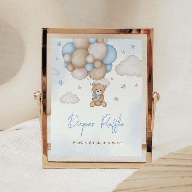 Póster Globo de oso azul Baby Shower Diaper Raffle (Teddy Bear Balloon Baby Shower Diaper Raffle Sign)
