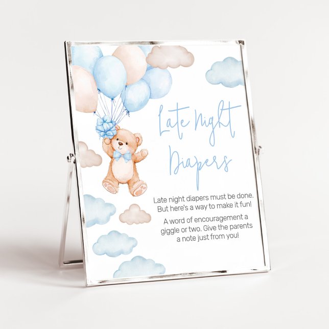 Póster Globo de oso azul Baby Shower Tarde en Diapers (Blue Baby Bear Balloon Baby Shower Late Night Diapers Sign)