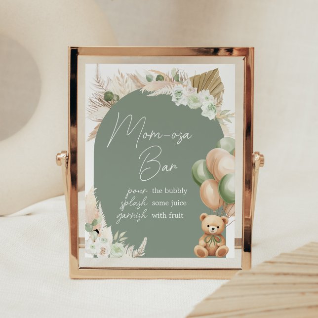 Póster Globo de oso de boho verde Baby Shower Mom Osa Bar (Sage Green Balloons Baby Shower Mom Osa Bar Sign)