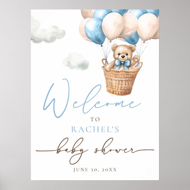 Póster Globo de oso de Teddy | Bienvenida Baby Shower Blu (Frente)