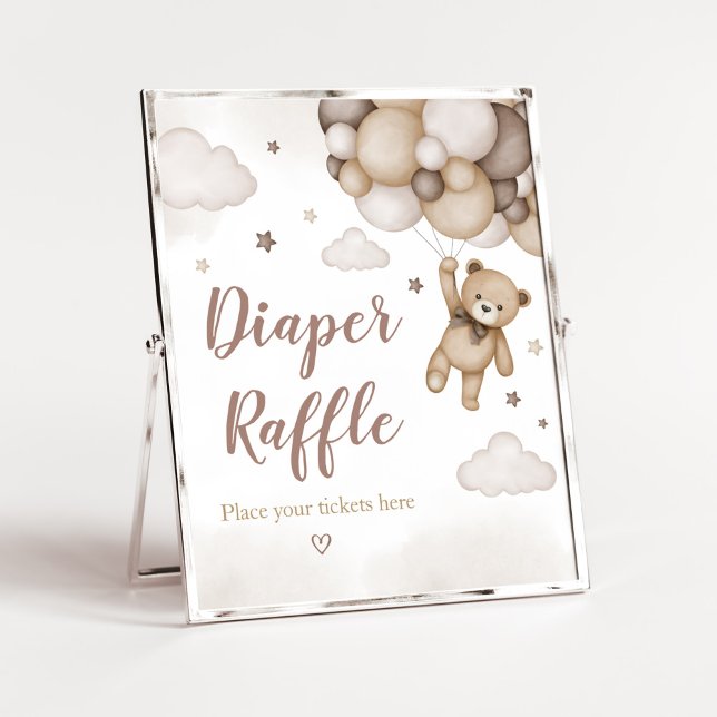 Póster Globo de oso marrón Baby Shower Diaper Raffle (Brown Boho Bear Baby Shower  Diaper Raffle Sign)