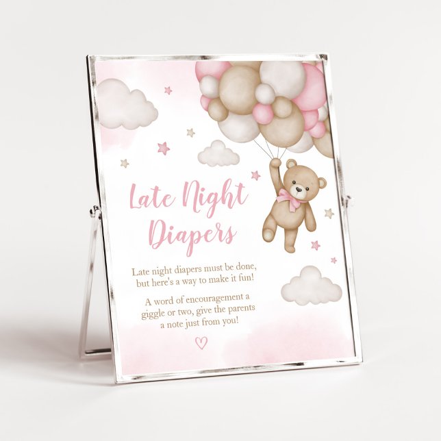 Póster Globo de oso rosa Baby Shower Tarde Noche Diapers (Girl Bear Baby Shower Late Night Diapers Sign)