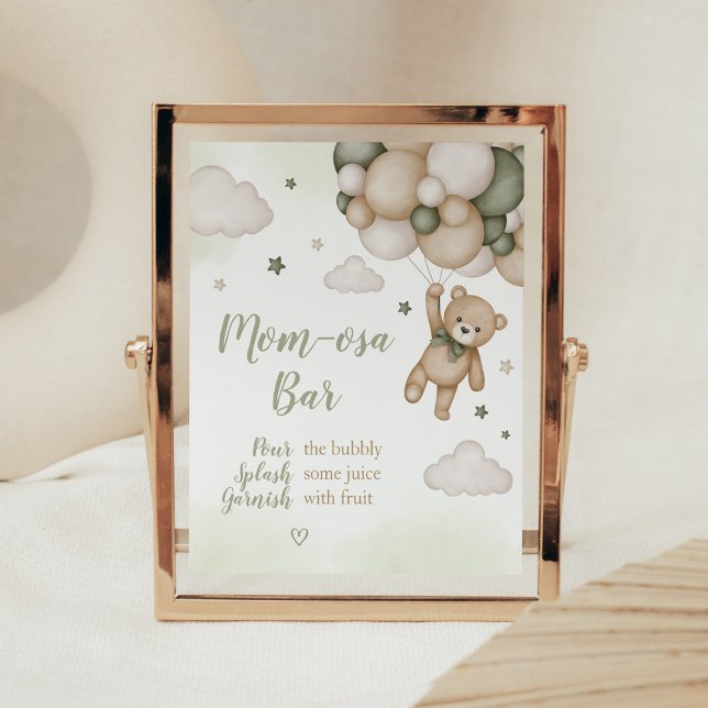 Póster Globo de oso verde Baby Shower Mom Osa Bar (Boho Bear Baby Shower Mom Osa Bar Sign)