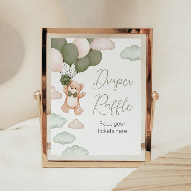 Póster Globo de oso verde Bearly Wait Diaper Raffle (Green Bear Balloon Baby Shower Diaper Raffle Sign)