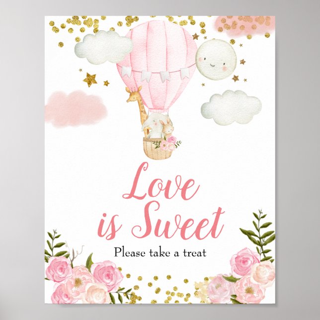 Póster Globo rosa de aire caliente acuarela Amor es dulce (Frente)