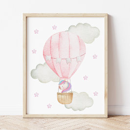 Póster Globo rosa de aire caliente, unicornio, estrellas,