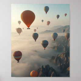 Póster Globos aerostáticos coloridos Amanecer brumoso en
