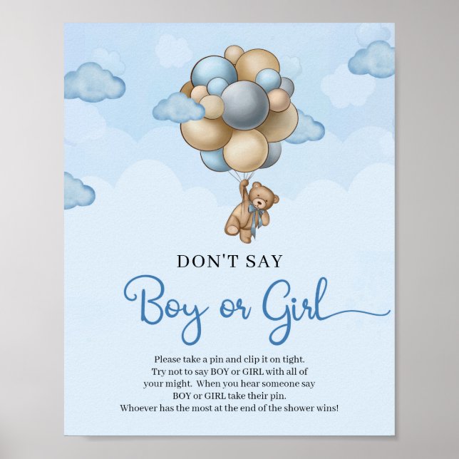 Póster Globos azules de oso de peluche No digas a un niño (Frente)