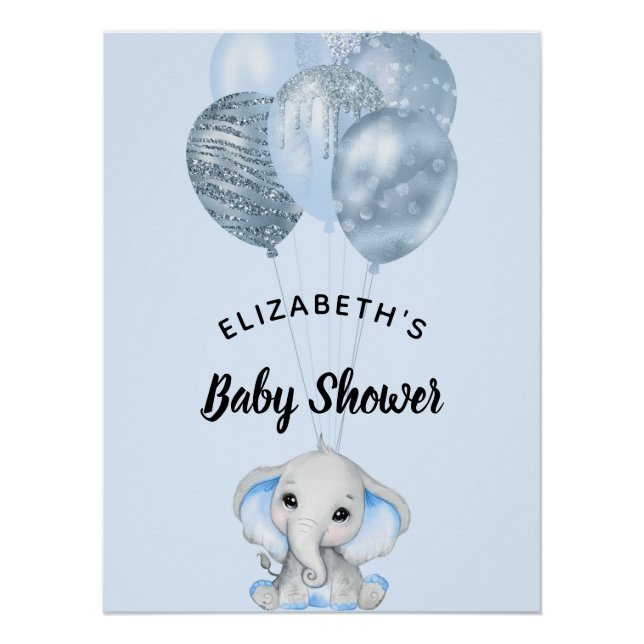 Póster Globos azules del elefante de Baby Shower (Anverso)