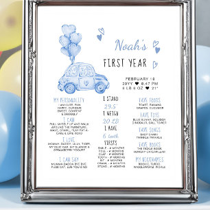 Póster Globos Azules y Coche Cumpleaños 1er Hito
