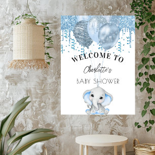 Póster Globos blancos azules de elefante de Baby Shower