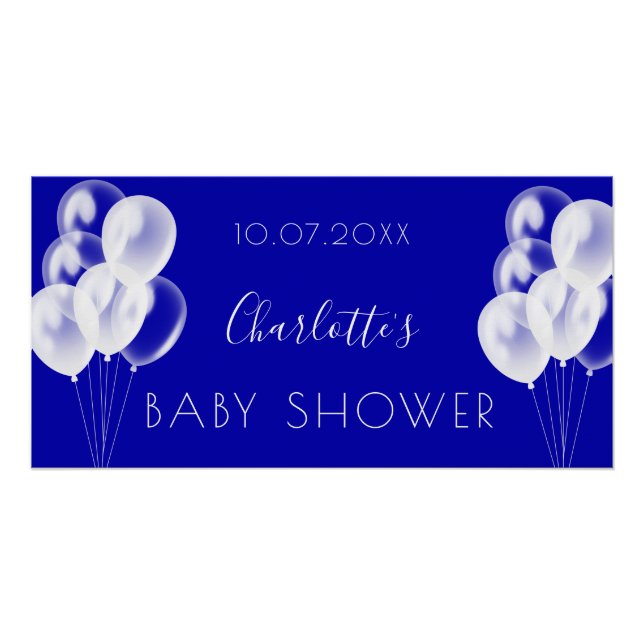 Póster Globos blancos de niño azul real de Baby Shower (Anverso)