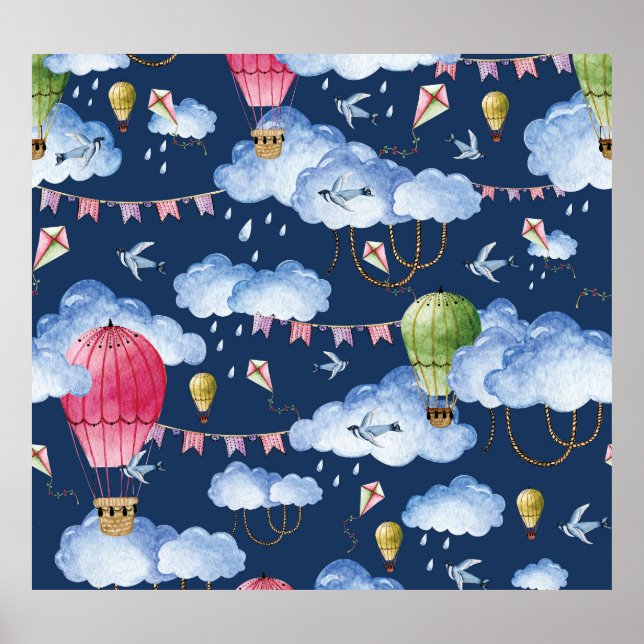 Póster Globos caprichosos: Patrón de nubes acuarelas (Frente)
