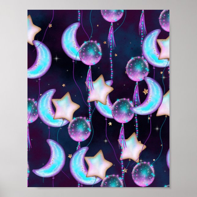 Póster Globos cósmicos | Planetas Blue Purple Moon Stars (Frente)