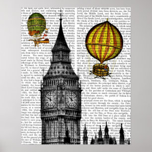 Póster Globos de aire caliente Big Ben y Vintage