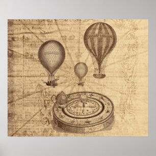 Póster globos de aire caliente grunge steampunk en un map