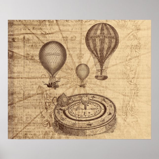 Póster globos de aire caliente grunge steampunk en un map (Frente)