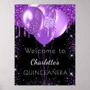 Póster Globos de bienvenida con brillo negro púrpura para