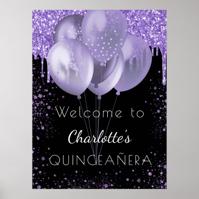 Póster Globos de bienvenida con brillo negro violeta para (Frente)