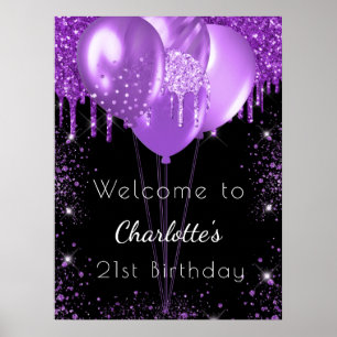 Póster Globos de bienvenida con purpurina negra y morada 