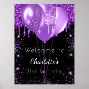 Póster Globos de bienvenida de purpurina morado negro de