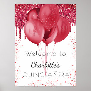 Póster Globos de bienvenida de purpurina rojo blanco Quin