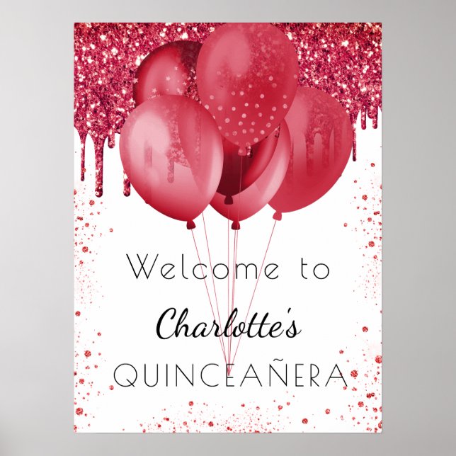 Póster Globos de bienvenida de purpurina rojo blanco Quin (Frente)