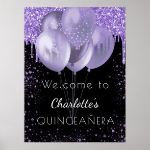 Póster Globos de bienvenida de purpurina violeta negro de