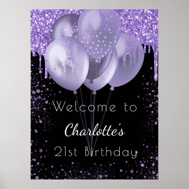 Póster Globos de bienvenida de purpurina violeta negro de (Frente)