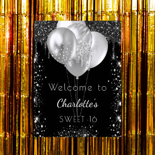 Póster Globos de bienvenida dulce purpurina de plata negr